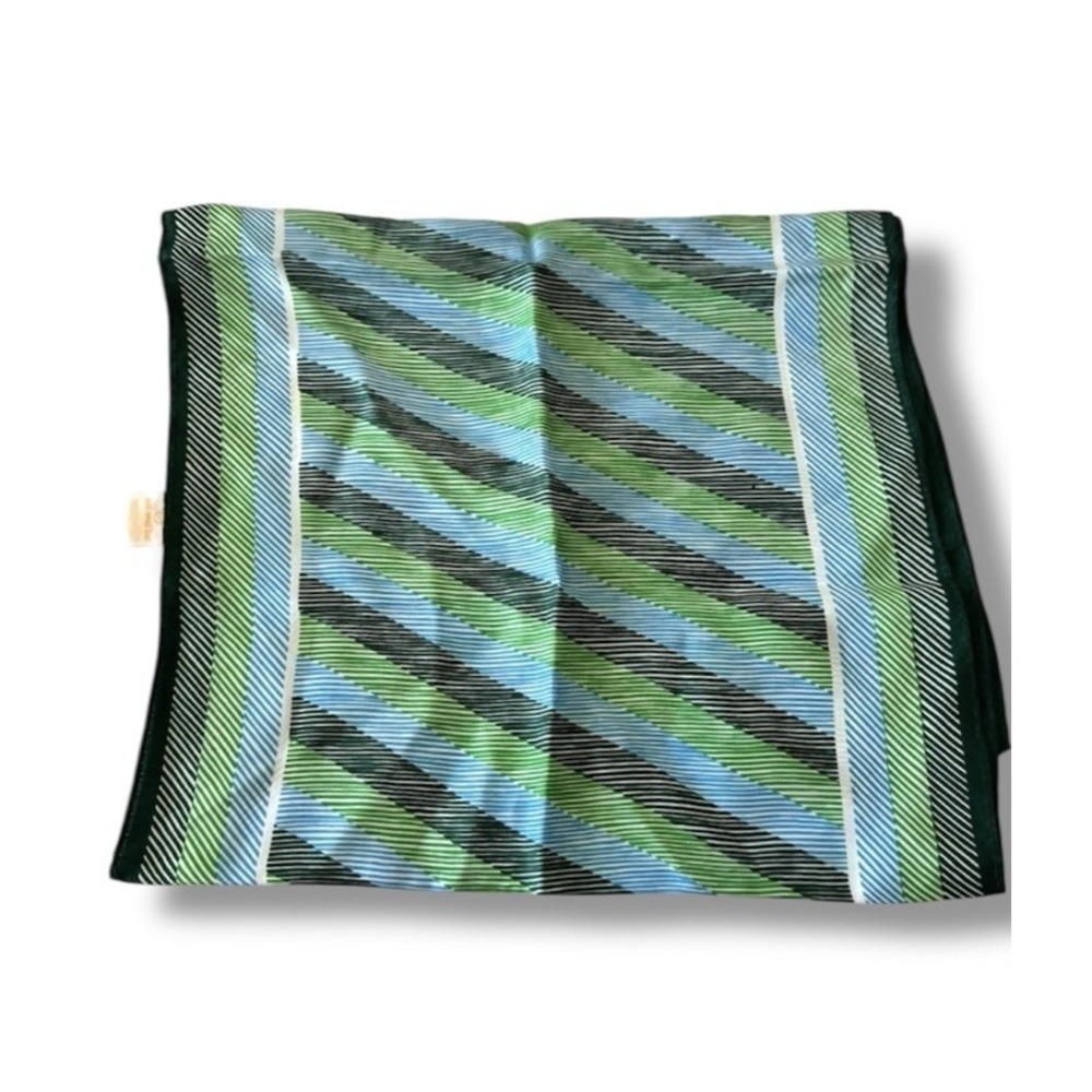 Glentex Silk Rectangle Scarf Vintage MCM Green Blue Stripe Rolled Hem Japan VTG